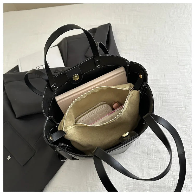 Solid Color Soft Leather Handbag Women Single Shoulder Tote Bag, Large Capacity Commuting Set Handbags Shopping Cross Body Bags