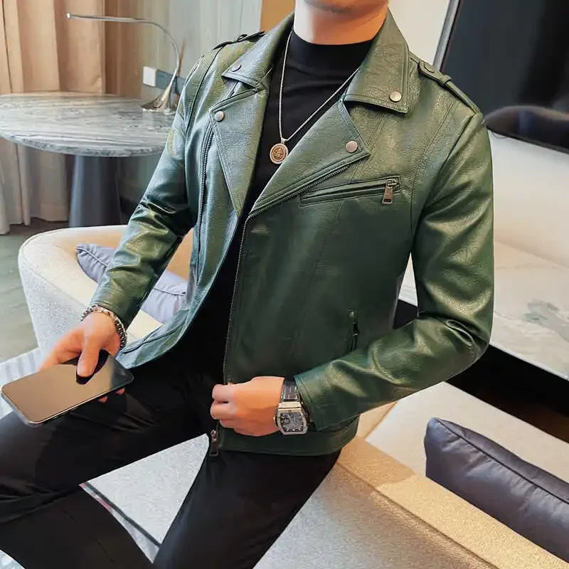 Men High Quality Faux Leather Jacket Vintage Oblique Zipper  Slim Fit Motorcycle Outwear Male Autumn Winter PU Leather Coats