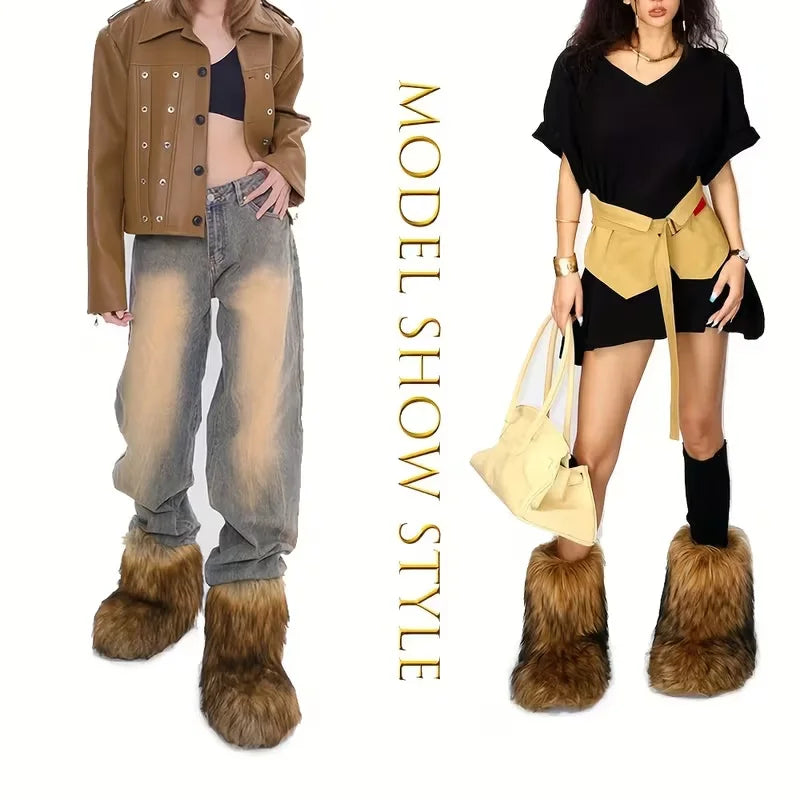 Women's Winter Fluffy Faux Fox Fur Boots Woman Plush Warm Snow Boots Luxury Footwear Girls' Furry Fur Bottes Fashion