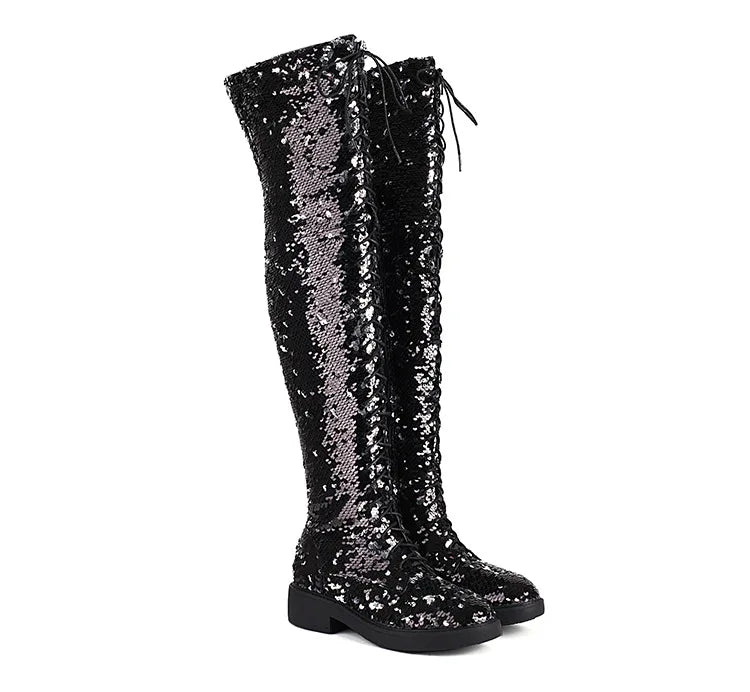 Lowheel Boots For Women Autumn Winter Thick Heels Over-knee-high Boots Shiny Sequined Club Dance Shoes Lace Up Thigh High Boots