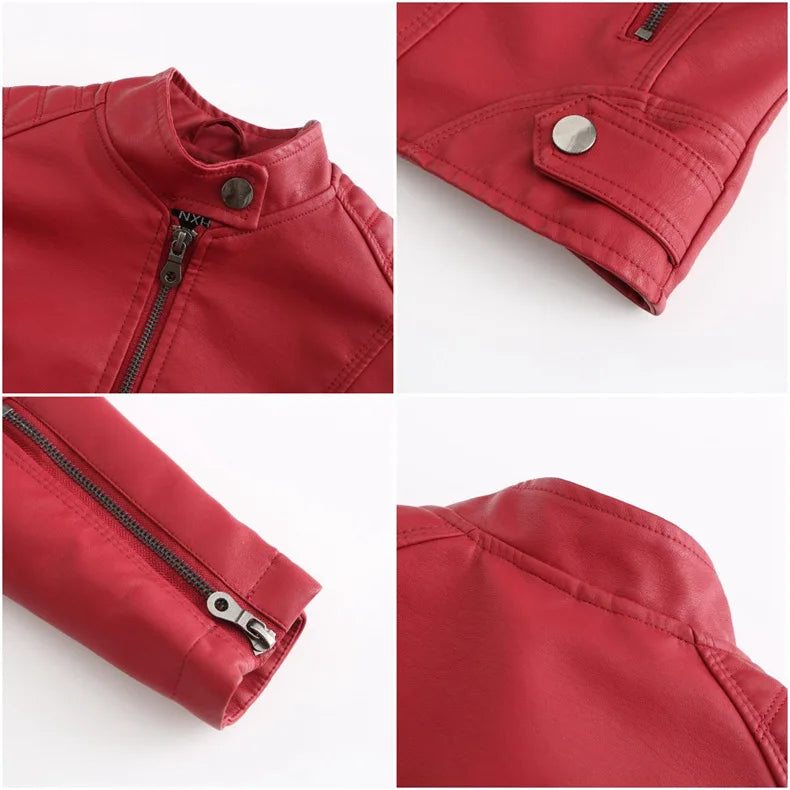 Women's Leather Jacket Women's Slim-Fit Jacket Thin Autumn Jacket Women's Biker Jacket Large Size Standing Collar Leather Jacket