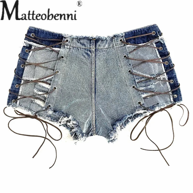 Sexy Hollow Out Lace-up Patchwork Cloth Ultra-short Shorts Ladies Nightclub Wear Women High Waist Denim Three Quarter Pants New