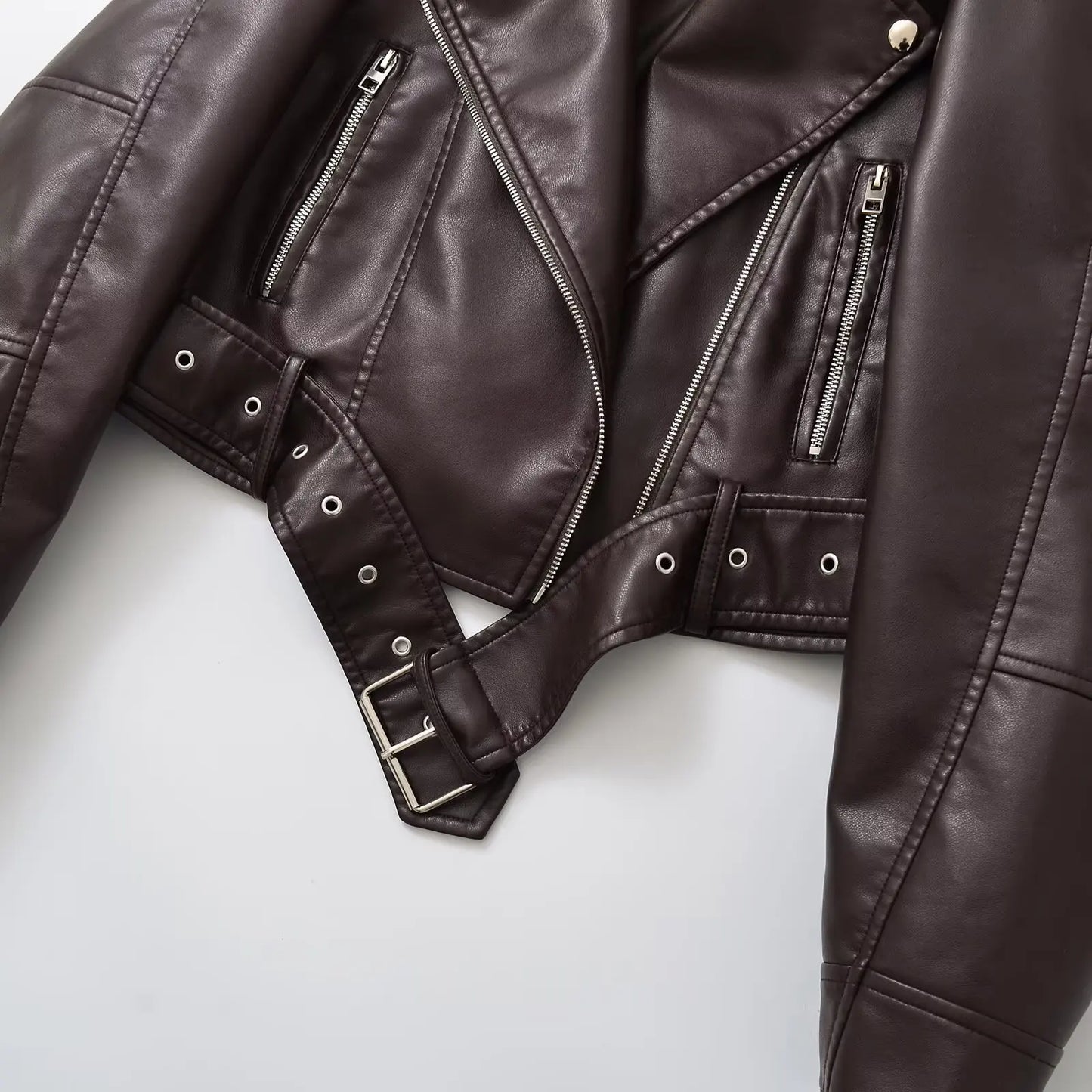 Women Autumn Winter Loose Gray PU Faux Leather Short Jackets Belt Female High Street Zipper Retro Moto Biker Coats Outwear XS-XL