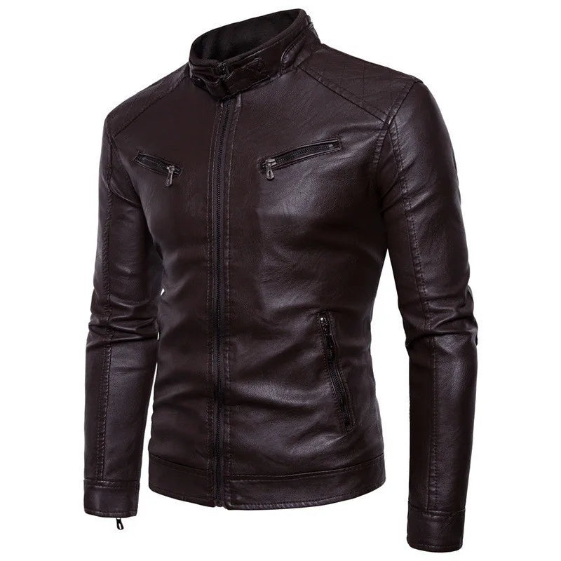 Men's Motorcycle Leather Jacket Autumn Winter Stand Collar Biker Jacket Korean Fashion PU Leather Coat Slim Fit Men's Outerwear