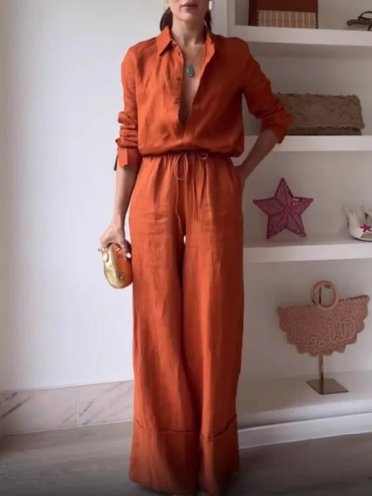 2025 Summer Fashion New Women's Commuting Style Women's Two Piece Set with Collar Single Breasted Shirt and Wide Leg Pants Set