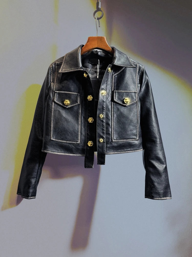 Temperament Black Leather Jacket Women 2026 Winter Real Fox Fur Short High Waist PU Leather Coat Slim-Fitting Coats
