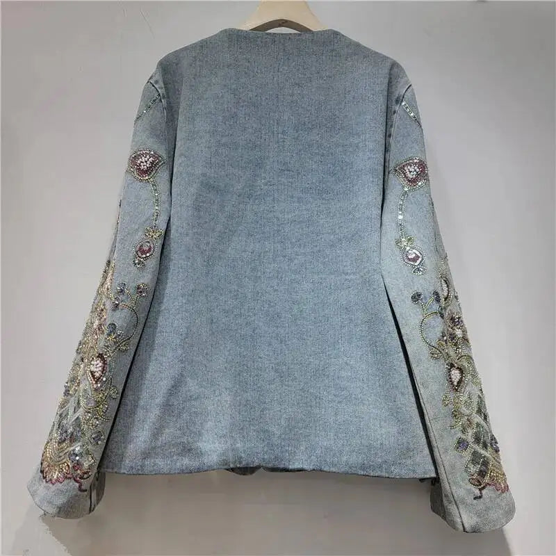 DEAT Women's Denim Coat Luxury Colorful Sequins O-neck Embroidery Single Breasted Jackets 2026 Autumn New Fashion 29A8728