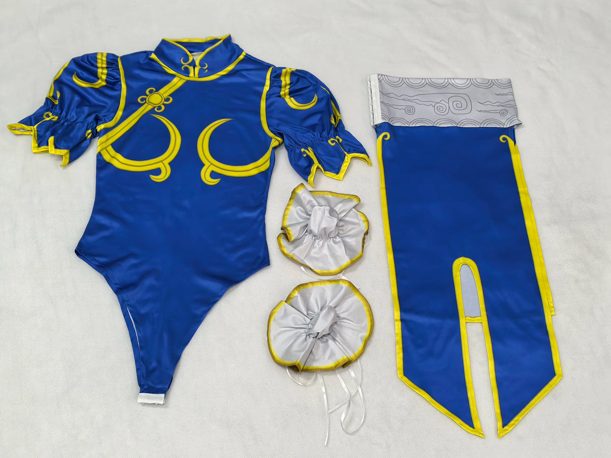 Women's Street Fighter Chun Li Cosplay Costume Game Fighter Chunli Blue Cheongsam with Headdress and Waistband Halloween Costume