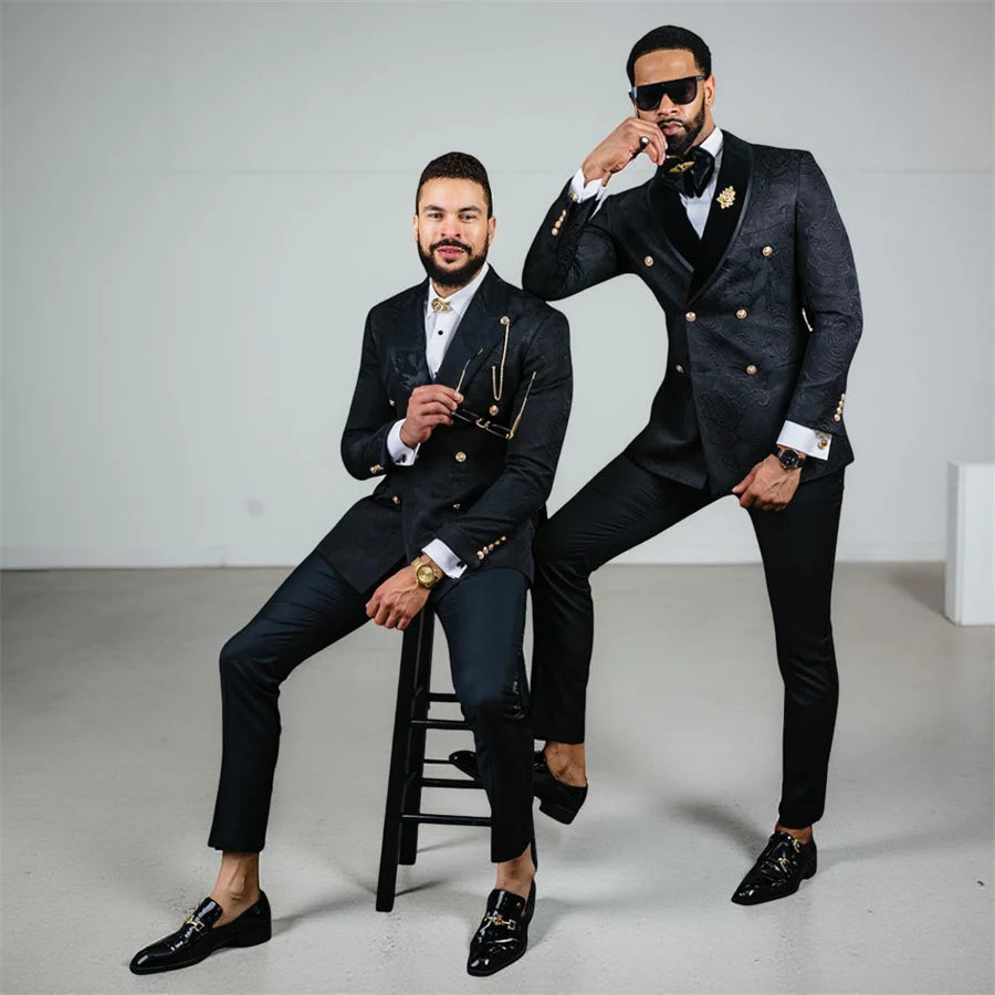 Floral Wedding Suits for Men Double Breasted Jacket with Pants Slim Fit Custom Made Male Fashion Tuxedo 2 Pieces Fashion Suit