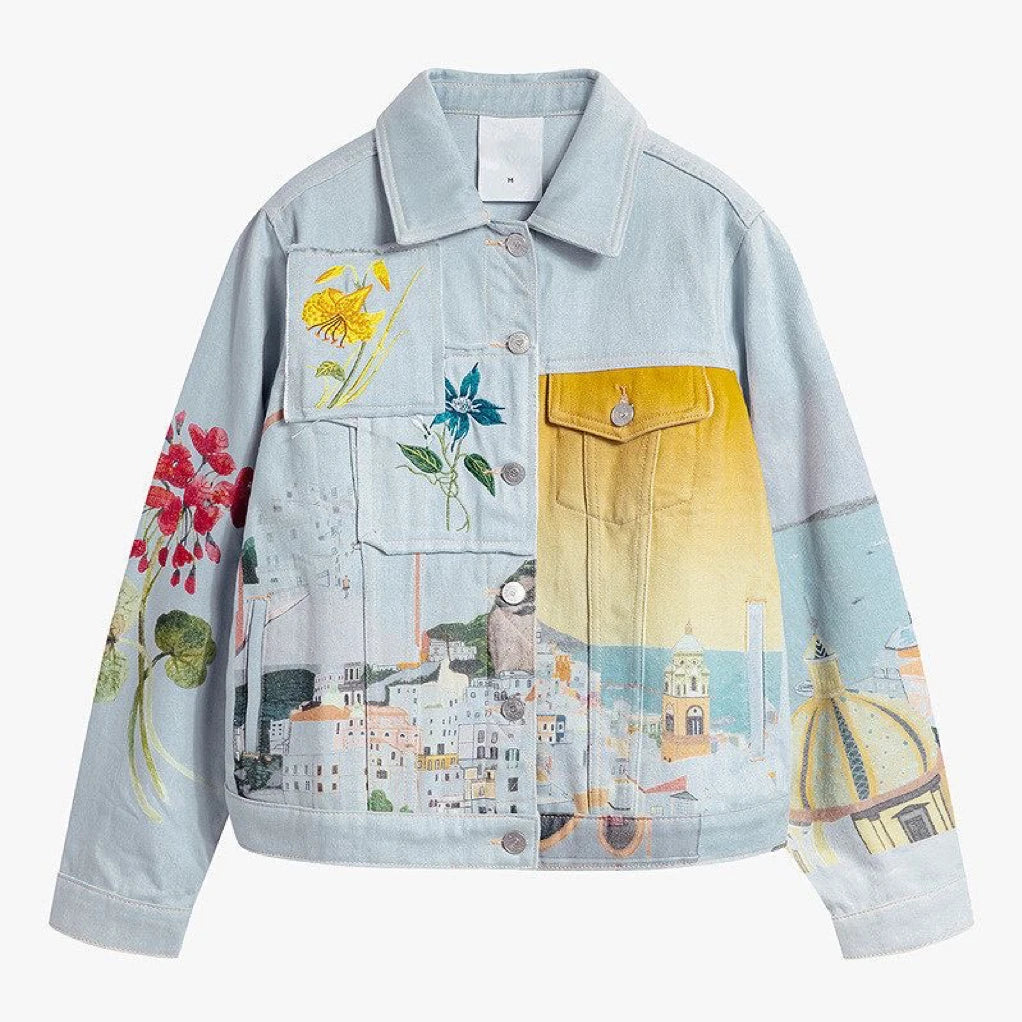 Spanish original light luxury women's jacket, sandwashed, distressed, spliced, jacquard embroidered, loose denim jacket