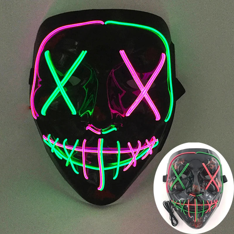 Wireless LED Neon Purge Mask & Fiber Optic Gloves, Scary Glow In Dark Mask for Halloween Carnival Cosplay Bar Birthday Party
