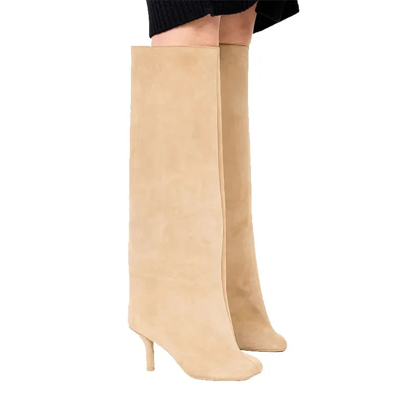 2025Women's Autumn and Winter New Slim Fit High Heels Knee High Boots Fashionable Plus Size Medium Long Boots Knight Boots