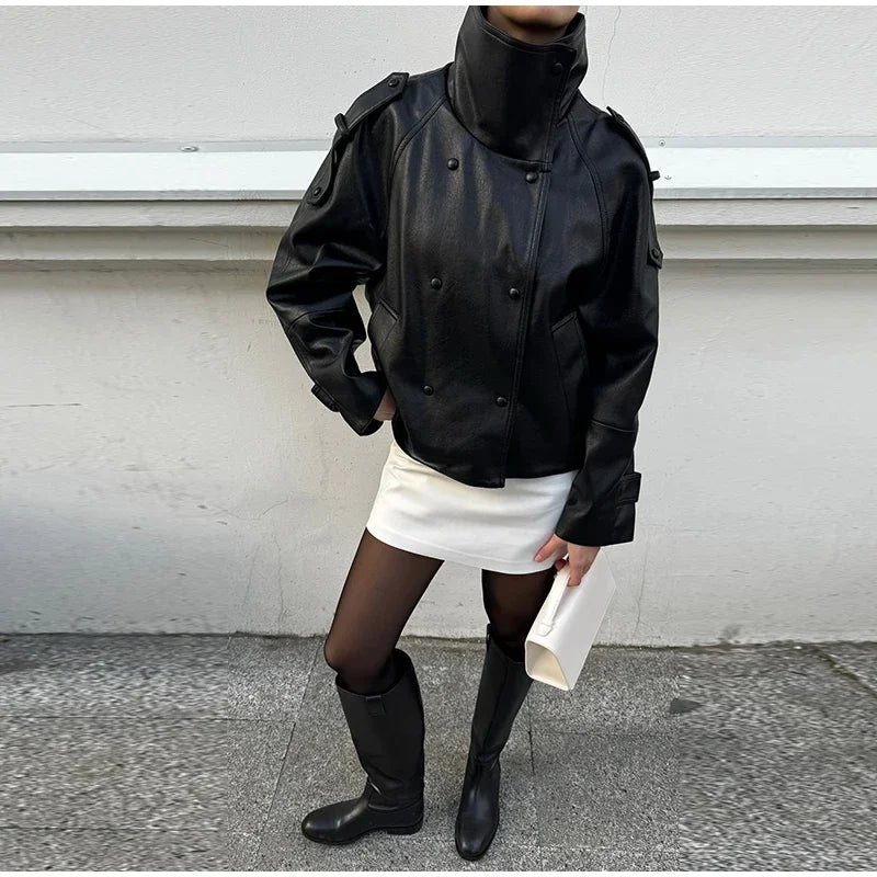 Street Black Women's Leather Jacket Autumn High Neck Double Breasted Full Sleeve Jackets 2026 Winter Lady Fashion Outwears