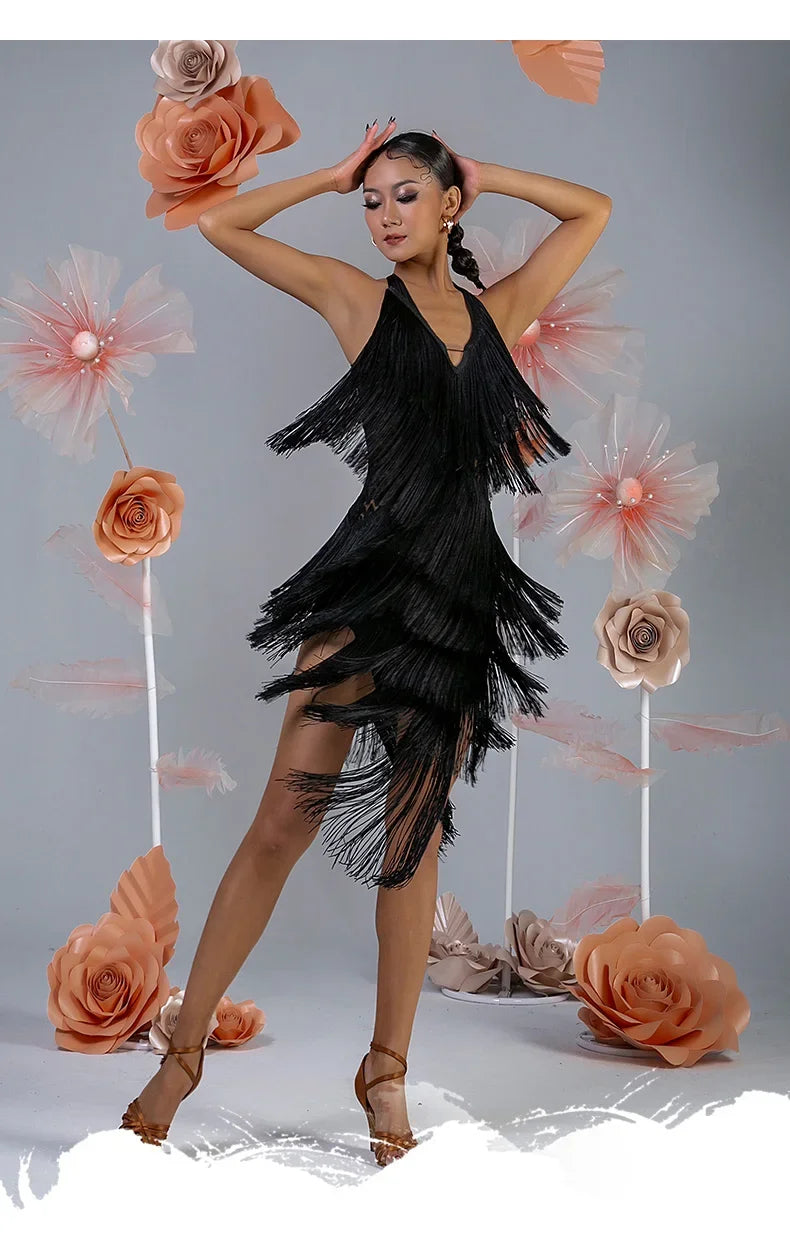 Women Backless Fringe Sexy Black Dress Cha Cha Rumba Samba Tango Dance Costume Prom Wear Latin Dance Copetition Dress