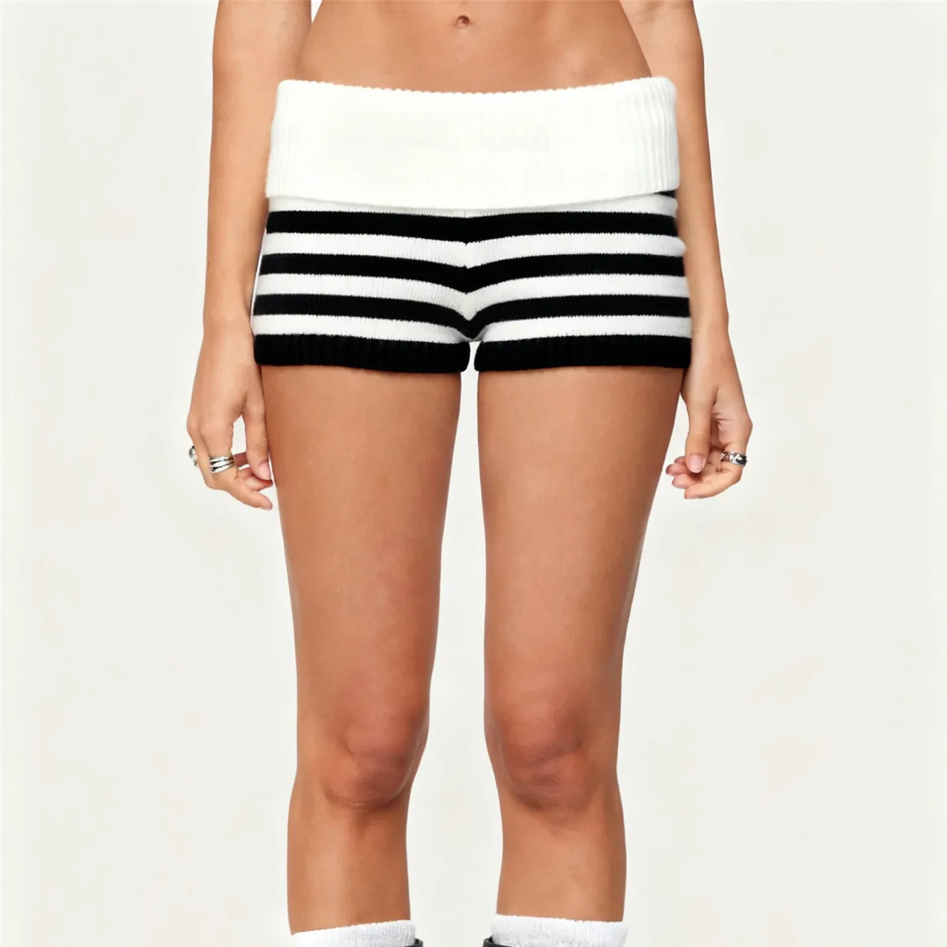 Women Striped Knit Micro Shorts Summer Fold Over Elastic Waist Slim Fit Mini Bottom Y2k Lounge Sweater Shorts Holiday Beachwear