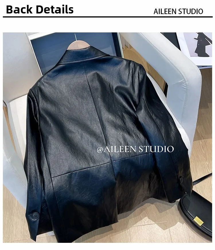 Black Leather Jacket Women's Autumn 2026 New Korean Loose High-End Feeling Personality Suiting PU Material Top Trendy