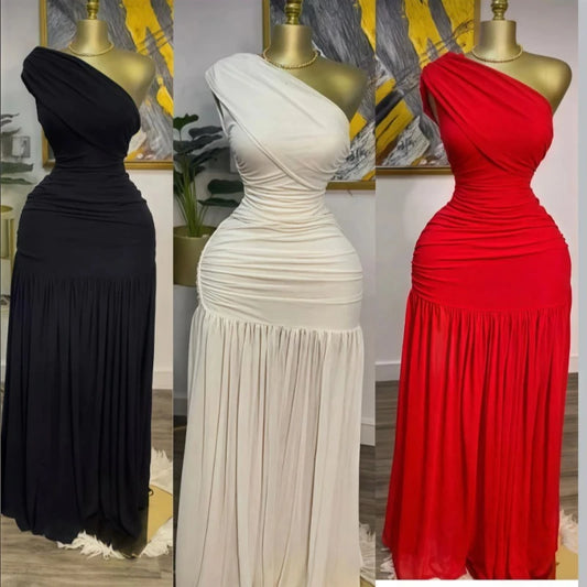 Women One Shoulder Skew Neck High Split Pleated Hem Bodycon Long Maxi Dress 2025 Evening Sexy Club Party Dresses Vestido
