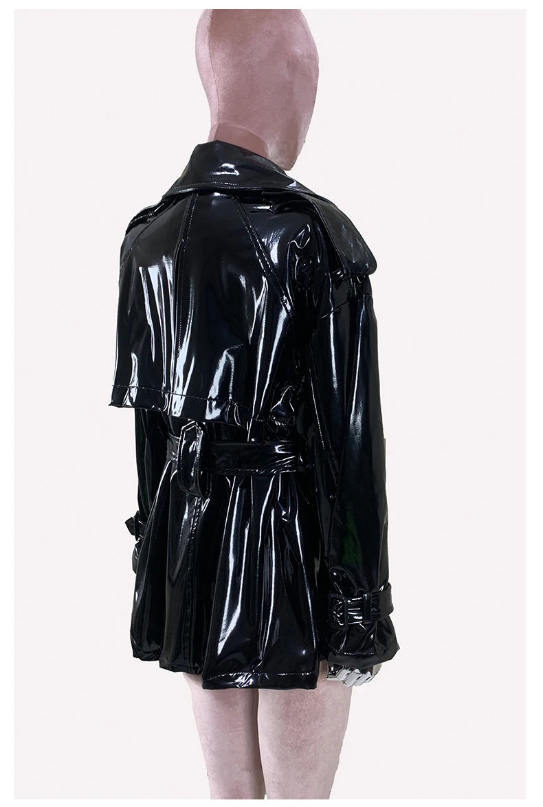 Nerazzurri Spring Autumn Oversized Thin Shiny Reflective Patent Leather Trench Coat for Women Double Breasted European Fashion