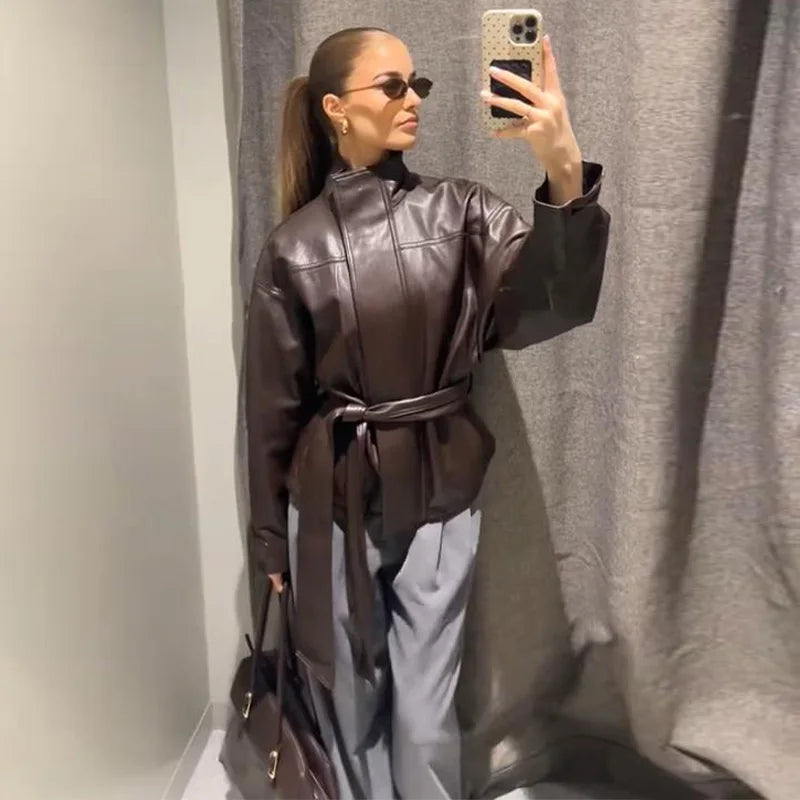 Faux Leather Jacket Stand Collar Winderbreaker Woman Waist Tie Belt Coat Long Sleeve Loose PU Leather Coat Street Wear Clothes