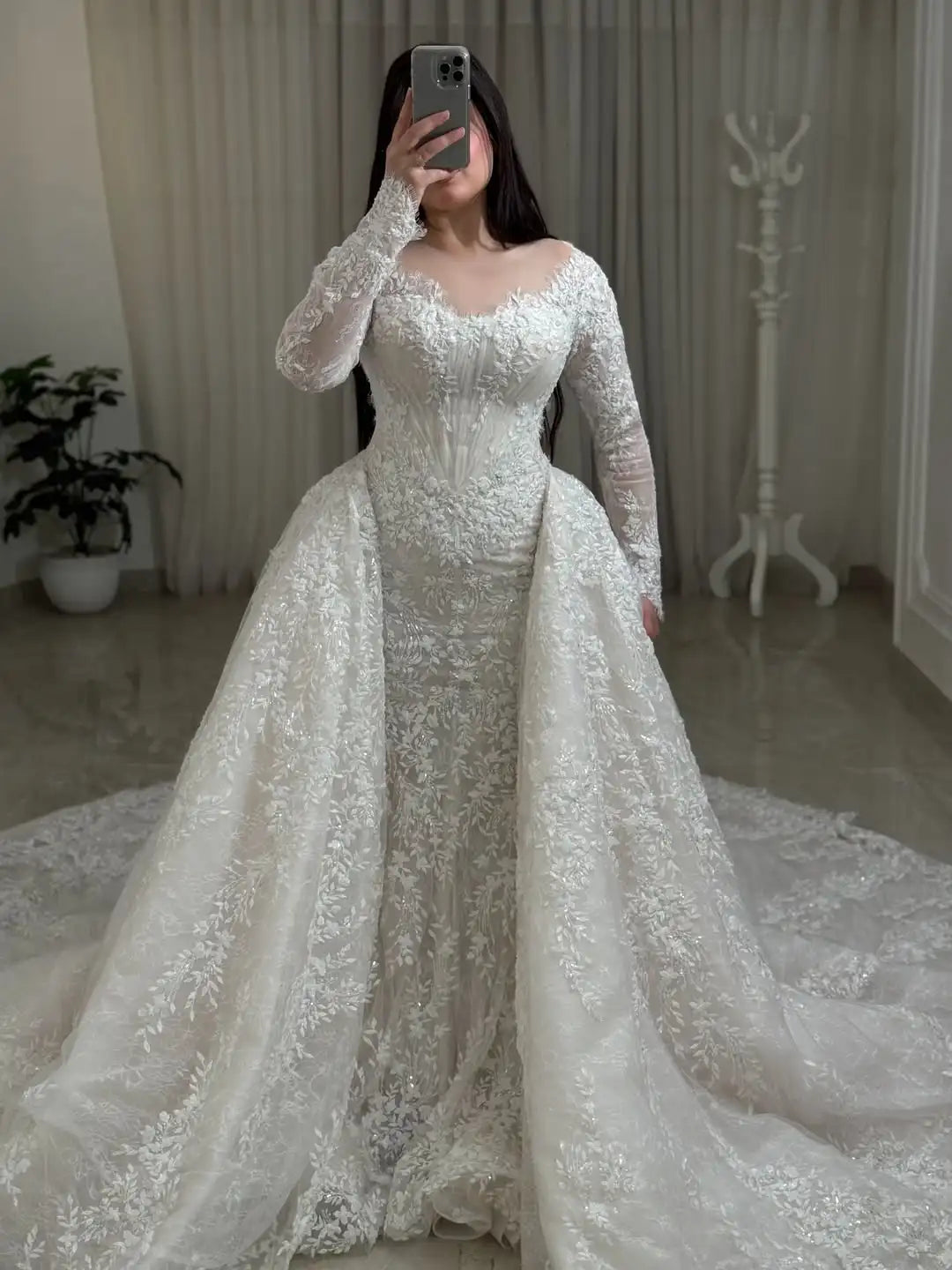 Luxury Long Sleeve Lace Mermaid Wedding Dress Detachable Train, Royal Bridal Gown, Elegant Corset Wedding Dress Vestido De Novia