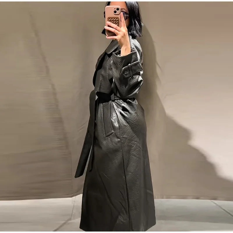 Double Breasted Lace up Long Leather Coat Woman Long Sleeves Loose Solid Color Casual Jackets Street Women's Early Autumn Coats