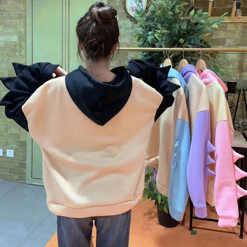 Y2K Style Women Dinosaur Hoodies Cute Horns Hooded Sweatshirts Autumn Winter Hawaii Pullovers Halloween Teenager Matching Wear