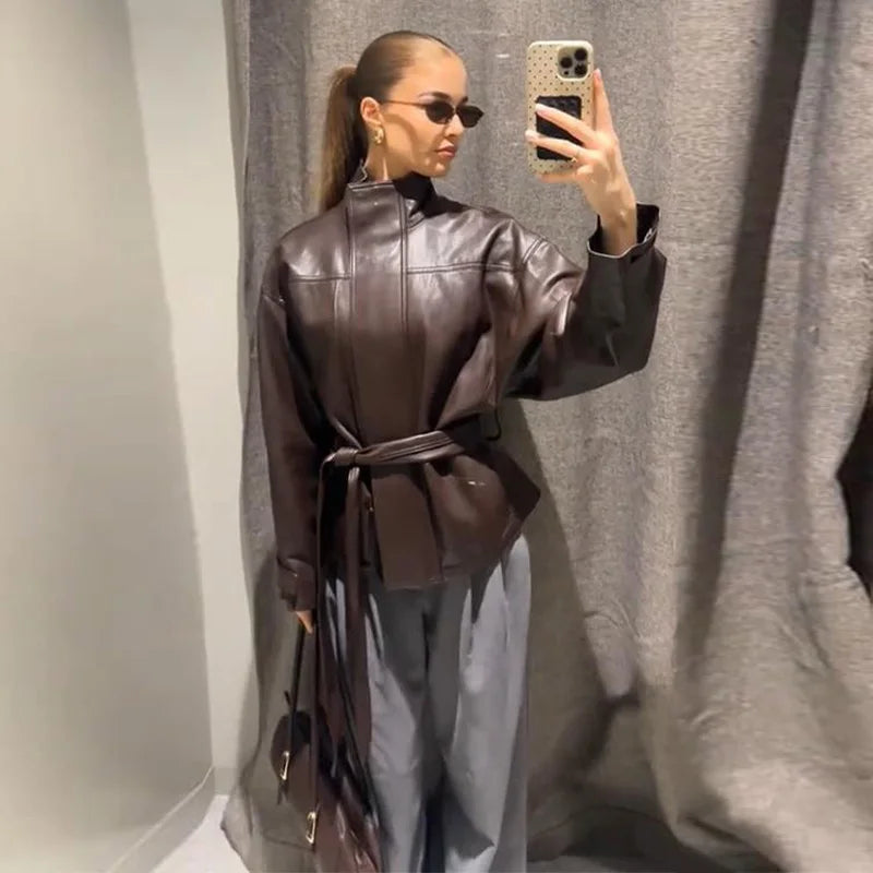 Faux Leather Jacket Stand Collar Winderbreaker Woman Waist Tie Belt Coat Long Sleeve Loose PU Leather Coat Street Wear Clothes