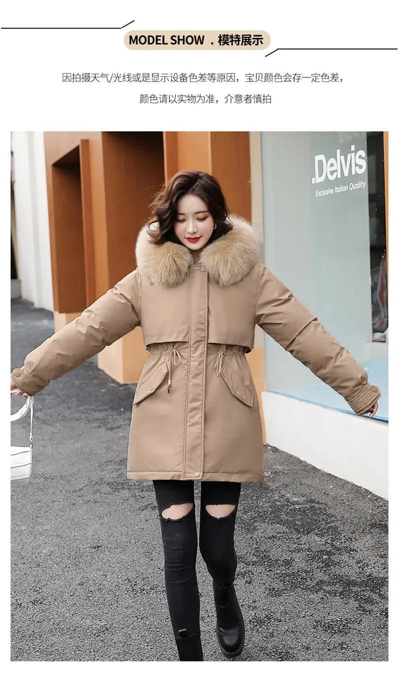 Winter Coat Low Price On Sale Women Beige Add Wool Thick Warmth Fur Hooded Parkas Jacket 2026 New Fashion Belt Slim Cotton Coat
