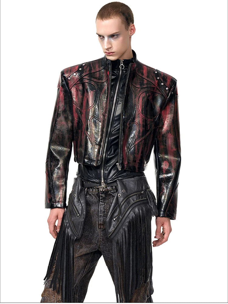 Mauroicardi Spring Autumn Short Pu Leather Motorcycle Jacket Men Rivet Zipper Shoulder Pads Luxury Designer Streetwear Clothing