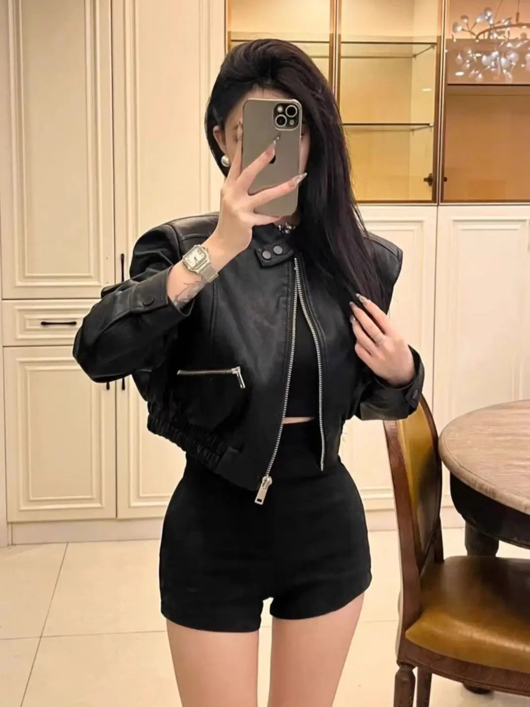2025 Autumn New Handsome Versatile Short Motorcycle Jacket Top High Waist PU Leather Jacket for Women  Faux Fur Coat