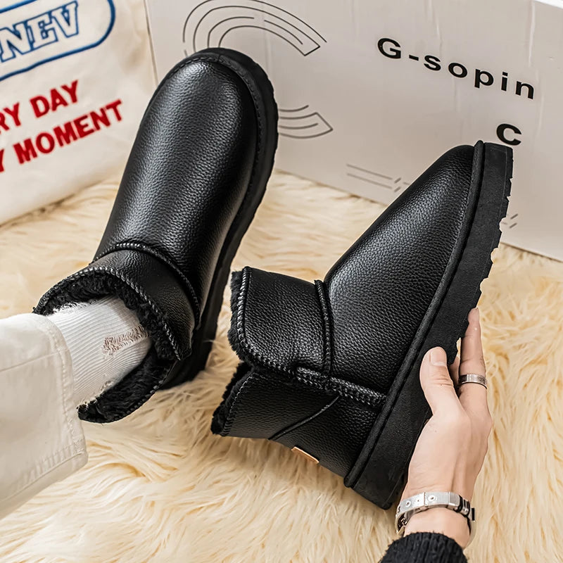 Couple Style Men's and Women's High-Top Leather Waterproof Snow Boots Plus Velvet Warm Boots and Cotton Shoes