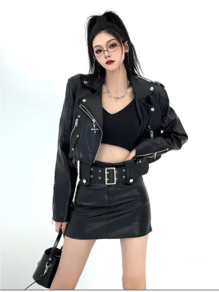 Sweet Cool Moto&Biker Pu Leather Jacket Fashion Street 2026 Black Coat Women Spring Autumn New Slim Fit Short Tops Mujer