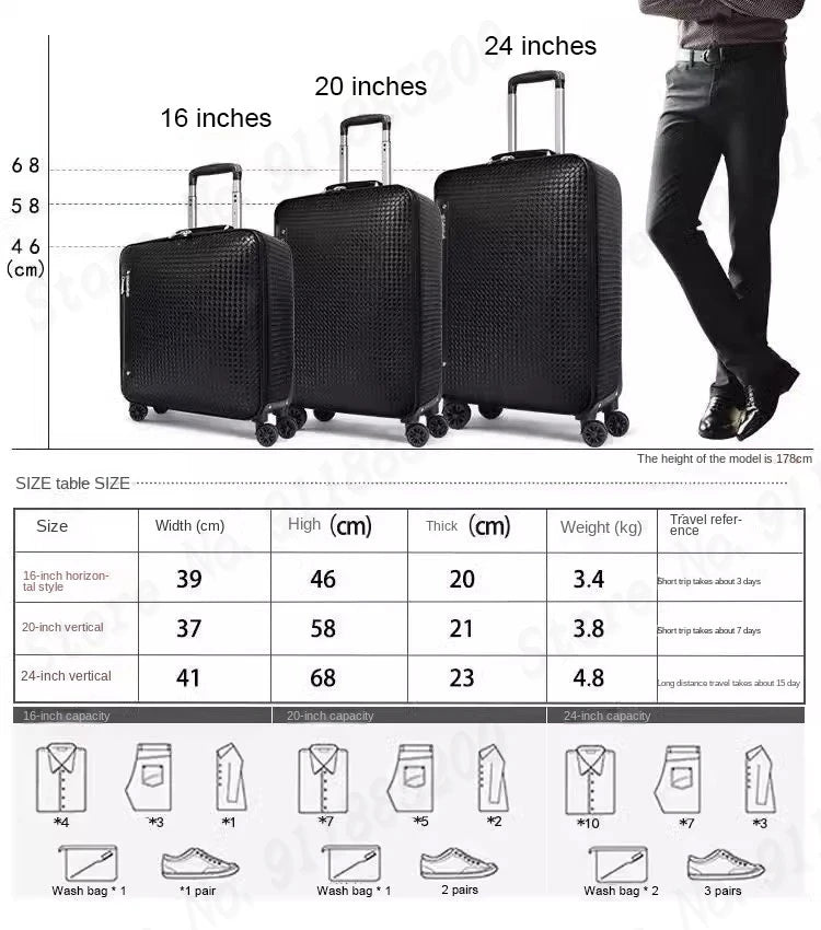 Genuine Leather Trolley Case 20 Inch Men's Business Boarding Suitcase Universal Wheel Luggage Bag 16 Inch Woven Pattern Leather