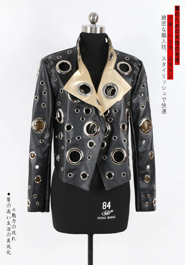 Nerazzurri Spring Autumn Short Hollow Out Pu Leather Jacket Women Rivet Cool Stylish Luxury Designer Clothes Runway Fashion 2024