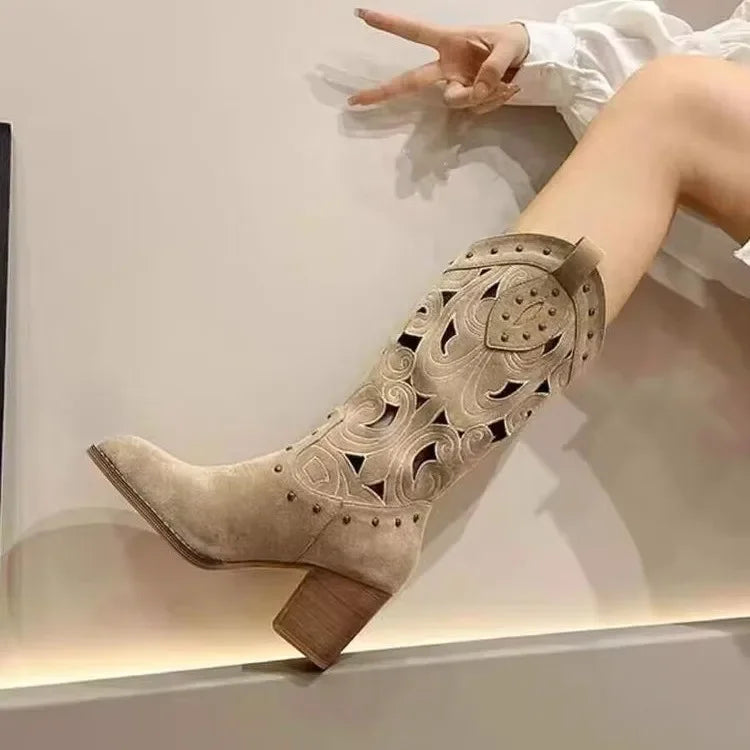 Women Mid-Calf Western Boots Heels Embroidery Hollow Cowboy Boots for Women  Autumn Winter Fashion PU Leather Botas Mujer 2024
