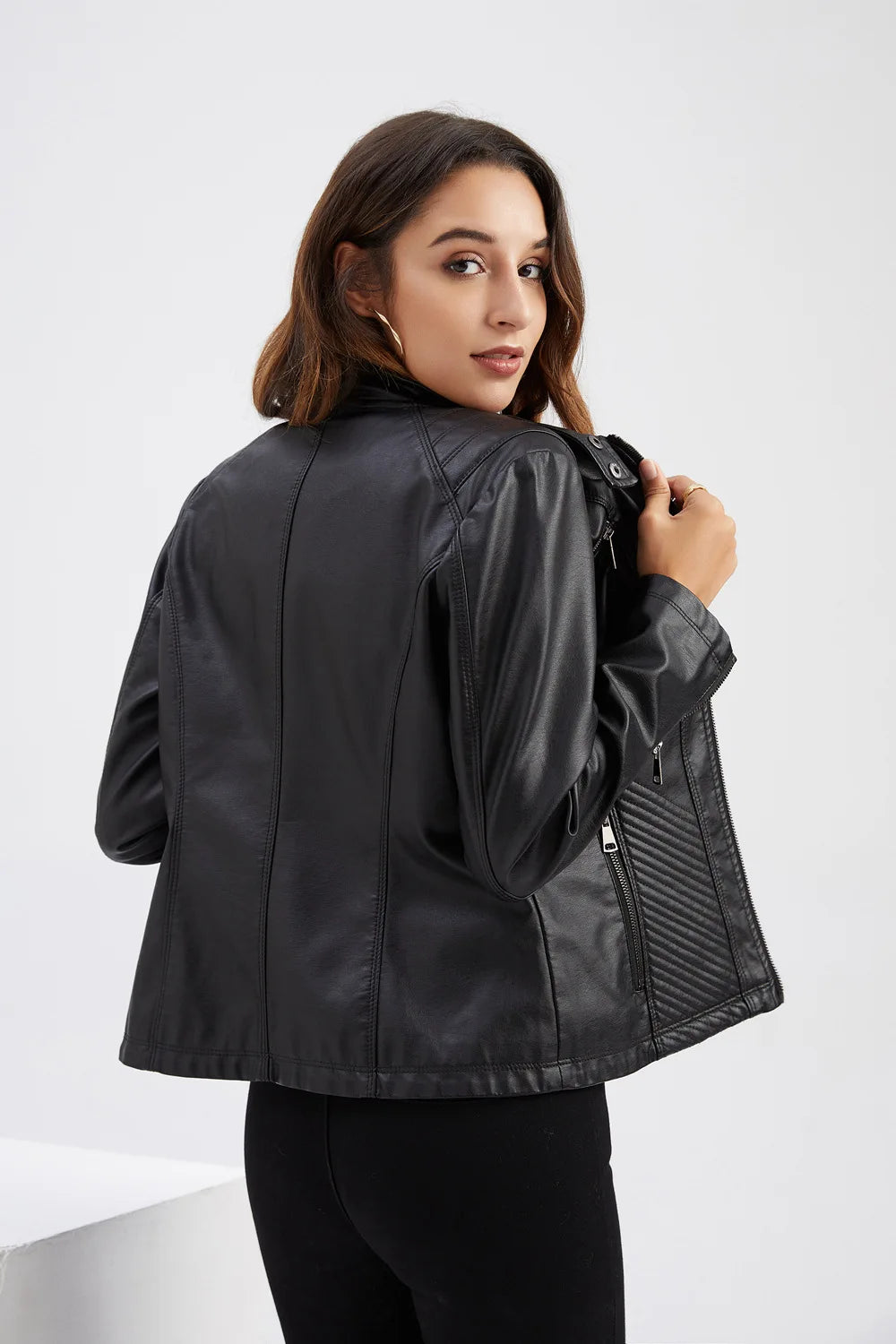 Ladies casual stand-up collar jacket Slim models women's spring and autumn solid color women's leather jacket