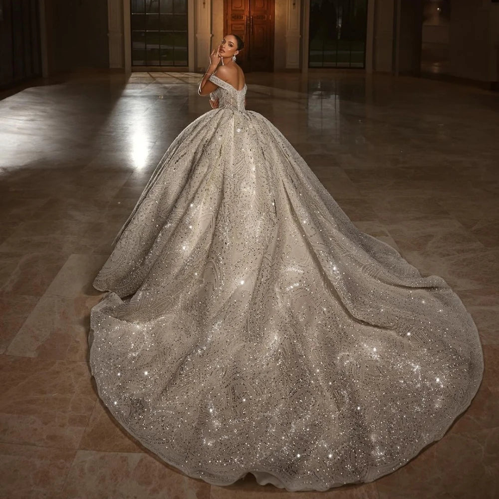 New Arrival Silver Beaded Wedding Dress Glamorous Off Shoulder Bridal Gown Customized Exquisite Ball Gowns Dresses For Bride
