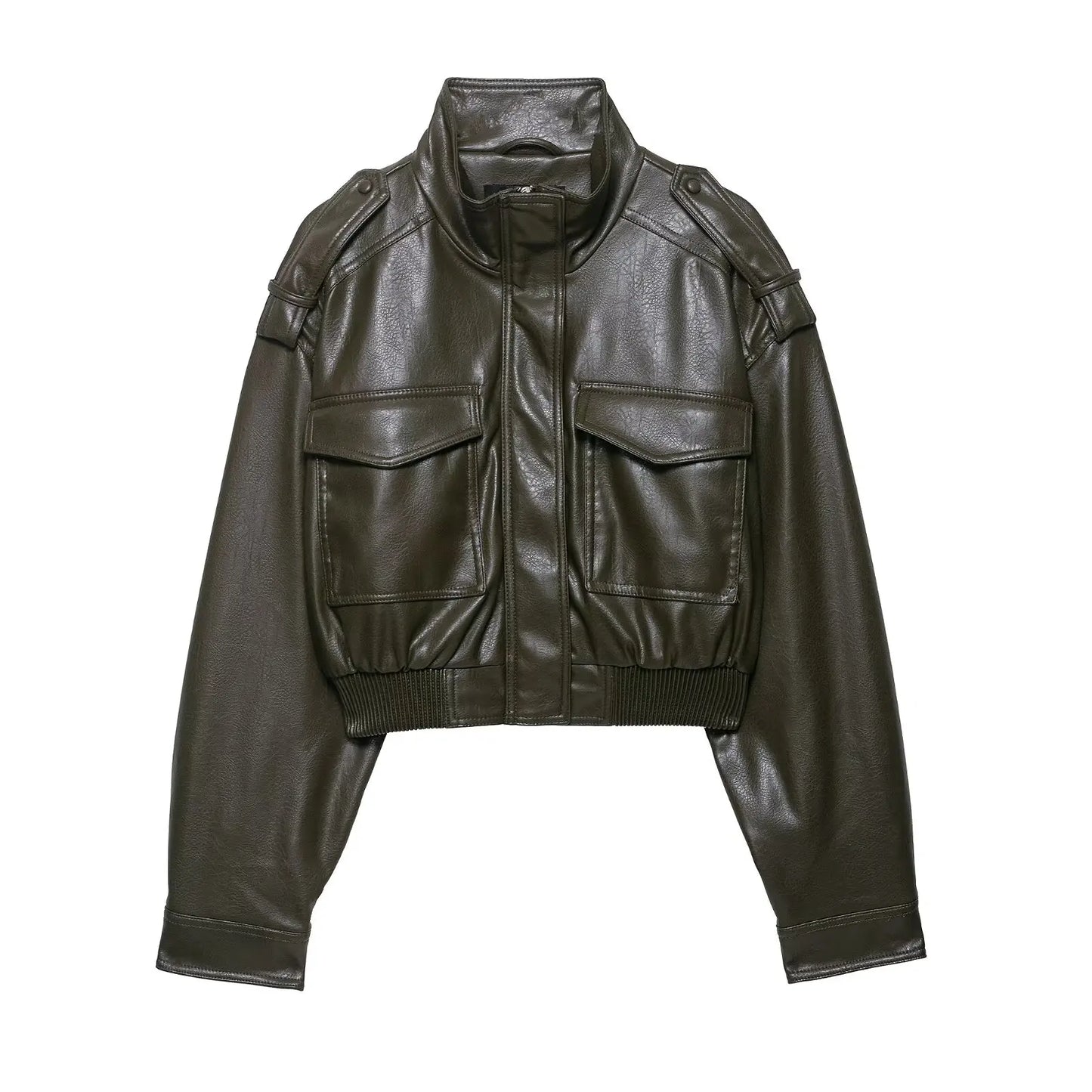 HH Women Faux Leather Cropped Jacket vintage Bomber Jackets With Pockets Long Sleeve Coats Zipper Overcoat Jacket For Woman