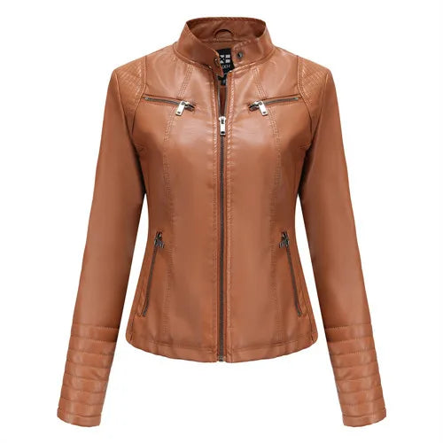2026 New Women's Slim Leather Jacket, Stand-up Collar, Zipper Stitching, Monochromatic PU Coat, Fashion Clothing.