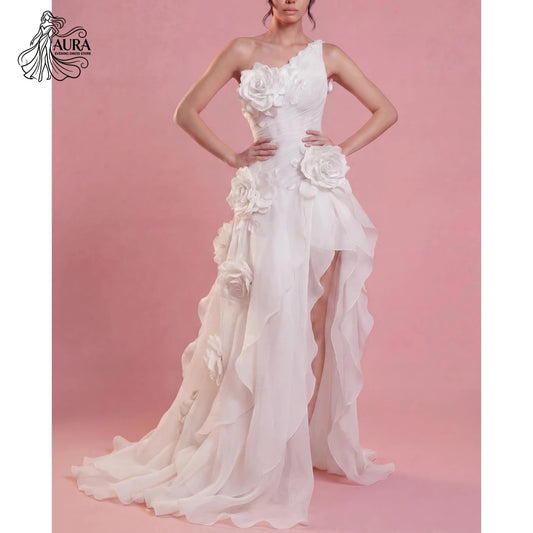 Aura Wedding Evening Dress White Chiffon Slit Luxury Elegant Party Dresses for Wedding Woman Customized Line A 3D Flowers Prom
