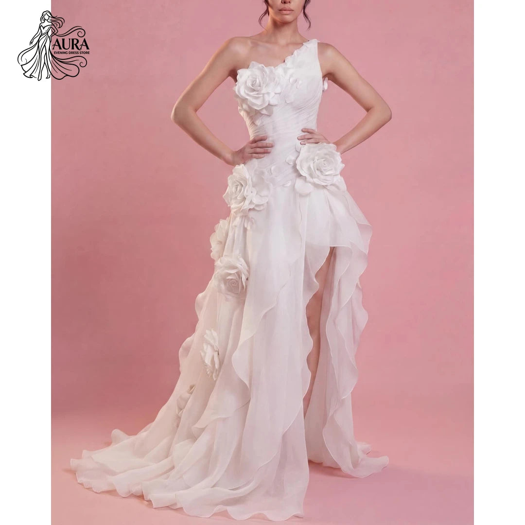 Aura Wedding Evening Dress White Chiffon Slit Luxury Elegant Party Dresses for Wedding Woman Customized Line A 3D Flowers Prom