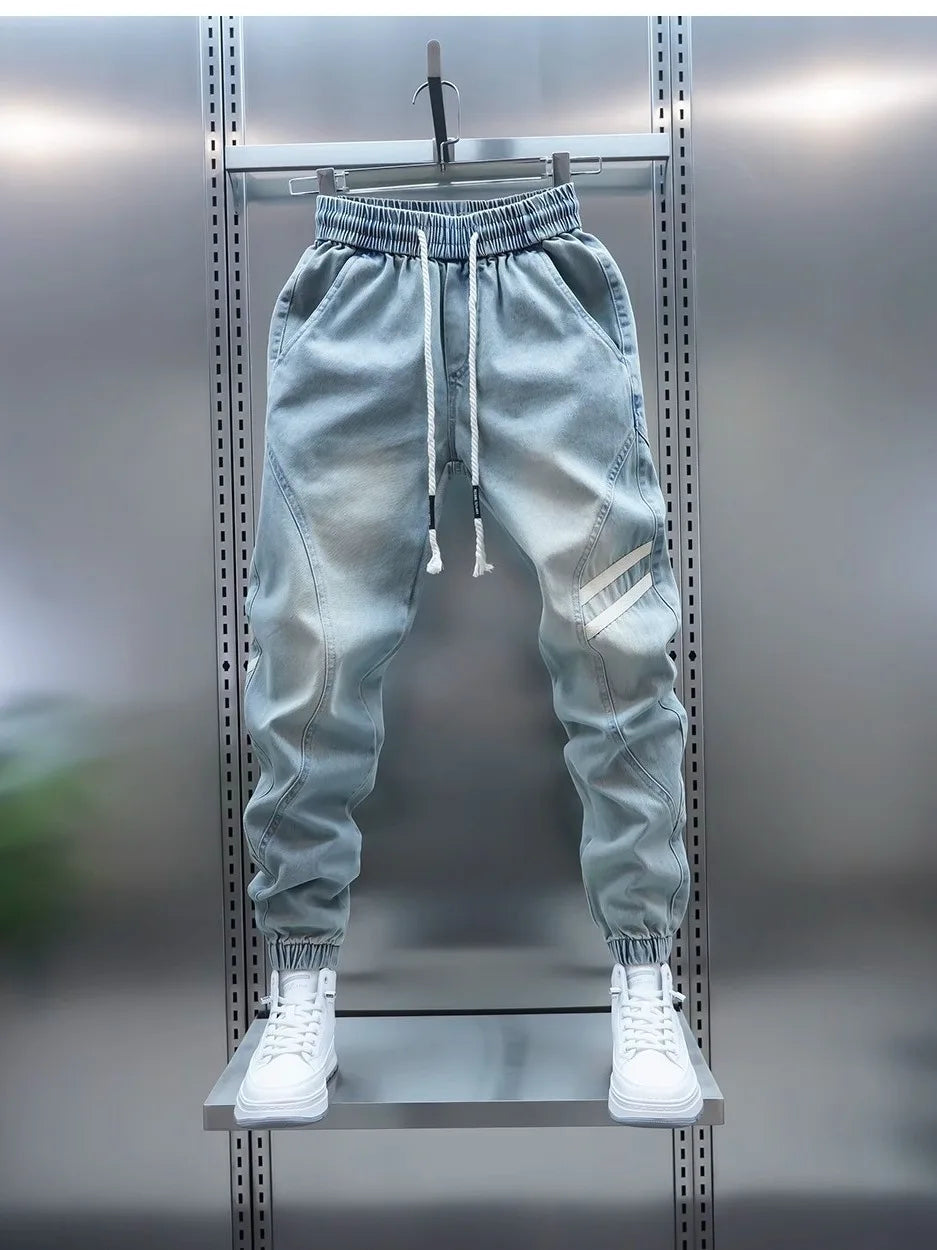 Men's Slim Fit Jeans mid Waist Elastic Waistband Casual Pants Patchwork Design Breathable Comfortable Summer Jeans