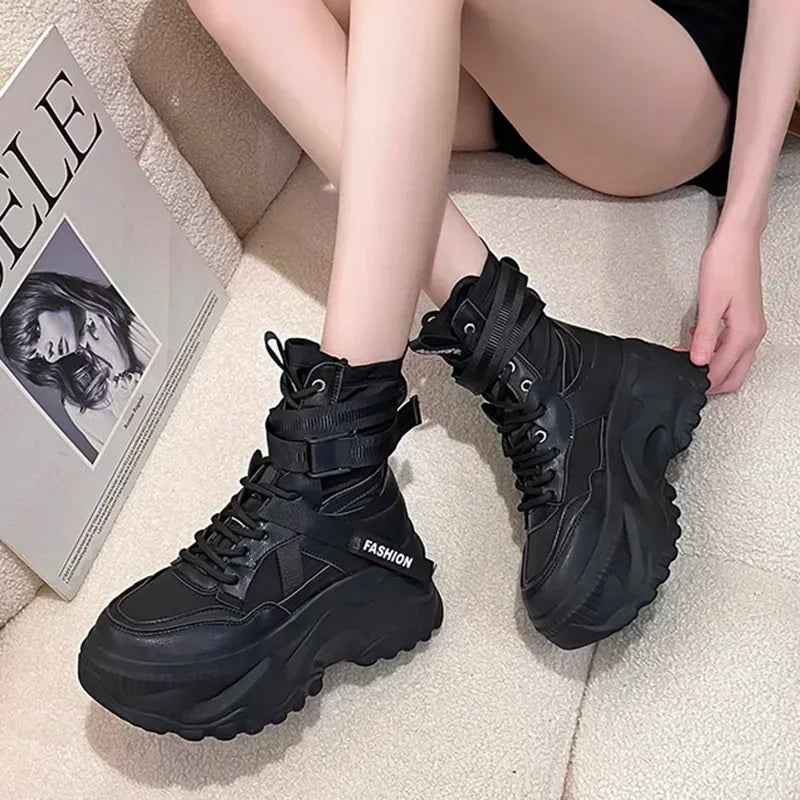 Fashion Platform Ankle Boots for Women Chunky Thick Sole Lace Up Motorcycle Boots Ladies Light Cozy Non-slip Shoe Botas De Mujer