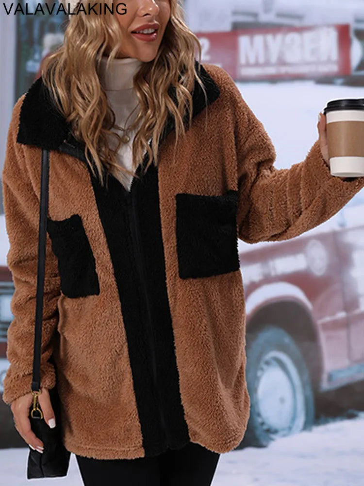 2026 Winter Patchwork Brown Plush Jacket for Women Thick Warm Turn Down Collar Casual Coat Lady Elegant Loose Zipper Long Coat