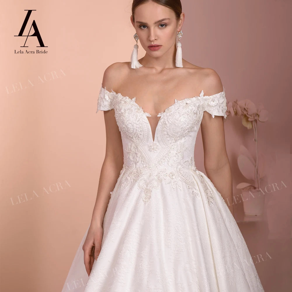 LelaAcra Luxury Sleeveless Wedding Dress Off Shoulder Beaded Appliques A-Line Princess Bride Gown SY04 Custom Vestido de Noiva