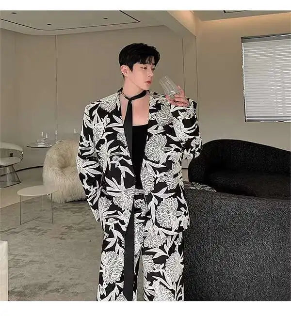 IEFB Niche Design Men's Two-piece Collarless Embroidery Blazer Loose Straight Suit Pants Contrast Color Male Sets New 9C7485