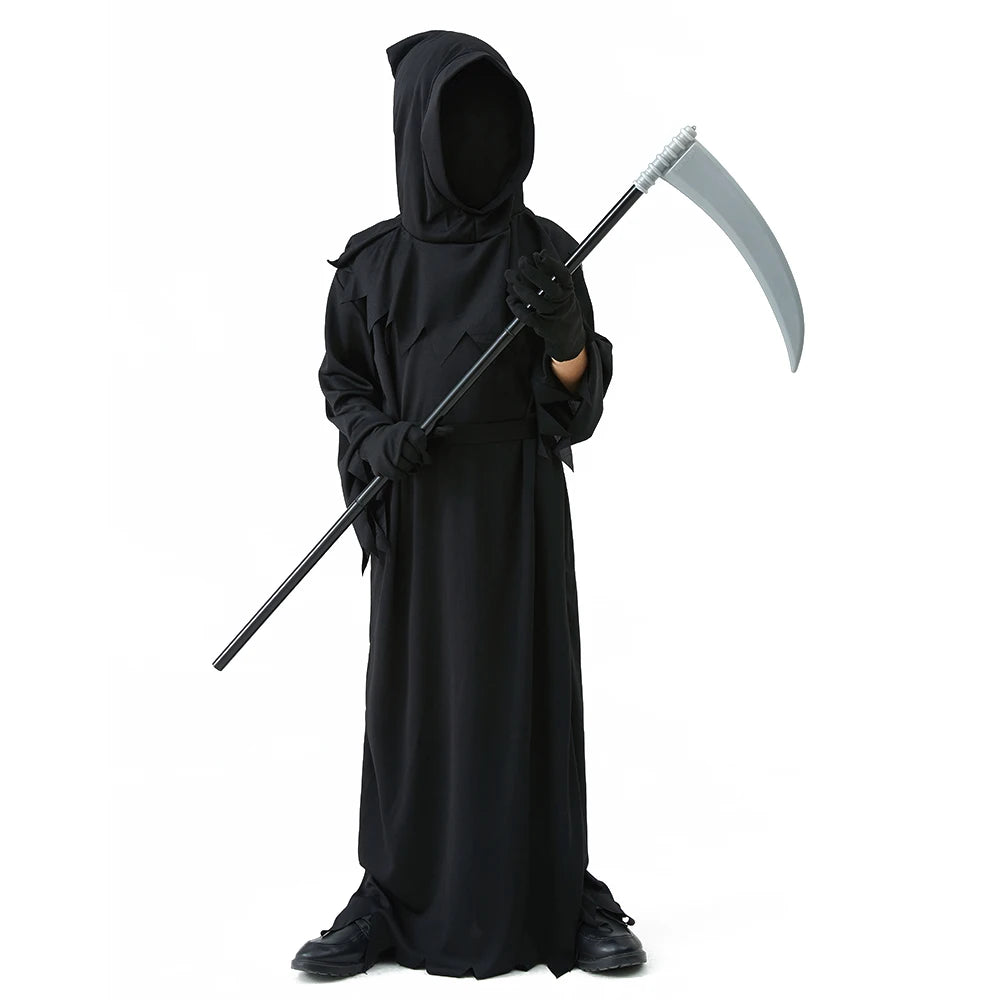 Halloween Grim Reaper Horror Costume Black Hooded Spooky Ghost Robe Dress Up Costume Adult Cosplay Mask Scythe Prop Party