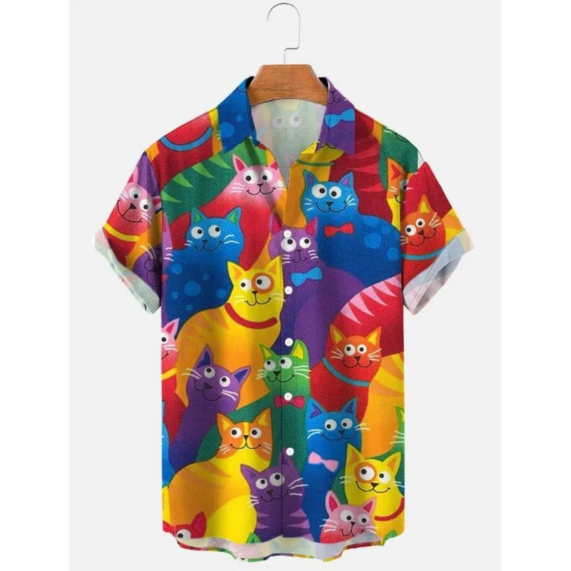2023 Men's Hawaiian Shirt Cat Printed Short Sleeve Tops Beach Vacation Sunset Harajuku Men's Clothing Casual Unisex Style Shirts