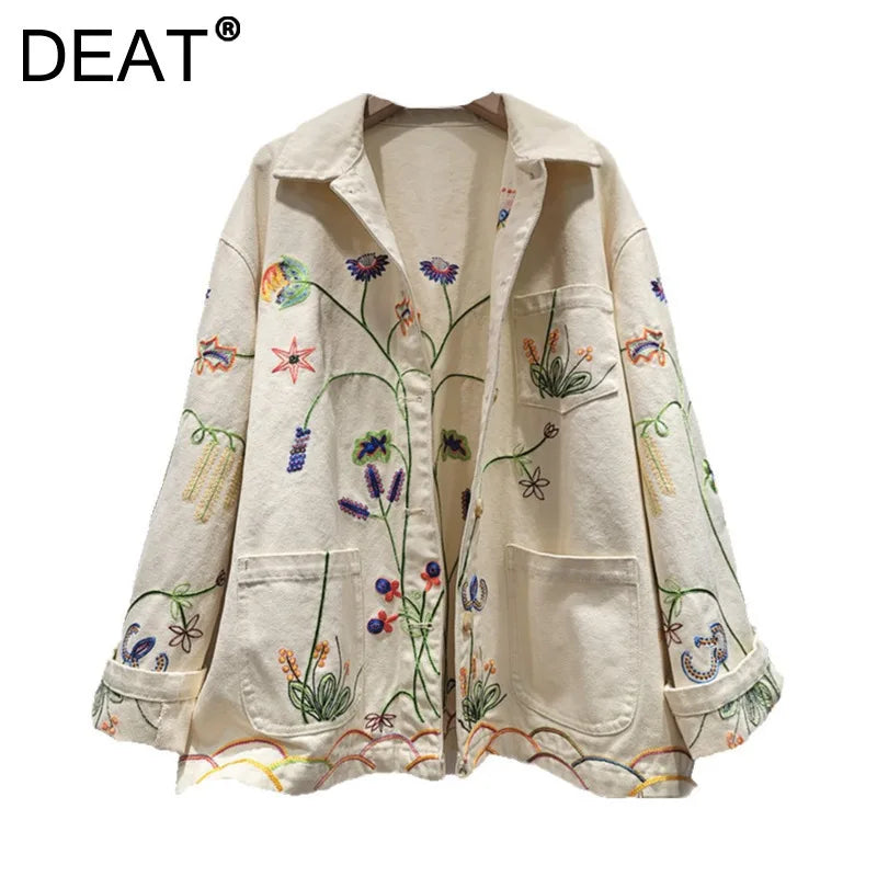 DEAT Women's Denim Coat Turn-down Collar Flower Embroidery Design Pocket Single Breasted Jackets 2026 Spring New 29A6164