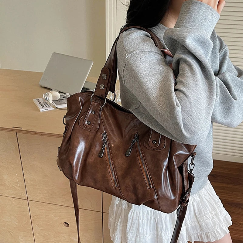 Retro Brand Roomy Shoulder Bag Female Luxury Solid Color Classic Crossbody Bag Large Capacity Style Soft PU Leather Tote Bag